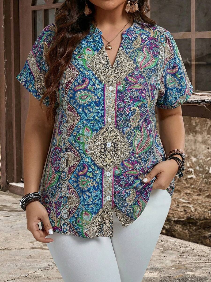 EMERY ROSE Plus Size Women's Blue Bohemian Style Printed Button Embellished Short Sleeve Shirt For Summer,Boho,Vacation,Spring Summer Tops Button Down Blouse - Multicolor - View 1