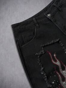 Manfinity Denimwave American Distressed Rhinestone Flame Embellished Jeans - Black - View 4