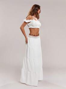 SHEIN ICON Women's Vacation Waist Contrast Lace Ruffled Hem Fashionable A-Line Skirt - White - View 6