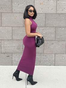 Alexandranx 极简主义通勤年轻街头风格灰色高领翻领无袖紧身 H 型下摆超长毛衣连衣裙女 - 紫色 - 查看 6