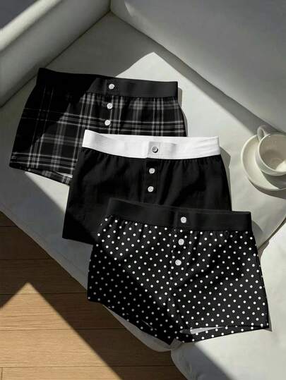 Comfortcana 3件套女士复古波点、纯色、格子印花图案弹力腰带可调节三扣撞色短裤，适合外出、搭配、简约舒适、时尚别致、Y2K风格