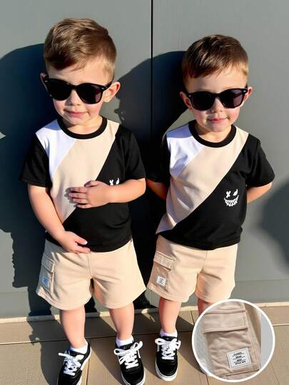 2pcs/Set Young Boy Casual Colorblock Round Neck Short Sleeve T-Shirt And Shorts Set, Suitable For Commuting, School, Daily Casual Wear, Sports, Spring/Summer  Toddler Boy Clothes