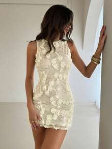 Aloruh Women's Backless Embroidered Chiffon Mini Dress,White Floral,Summer,Elegant,Party,Sleeveless A-Line Bodycon 3D Floral Sequin Cocktail Ivory Dress - Yellow - View 1