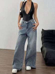 FavEase Women's Black PU Leather Textured High Stretch Deep V Neck Backless Bodysuit, Fashion For Outings, Street, Party, Minimalist Luxury Casual Wear, Autumn/Winter