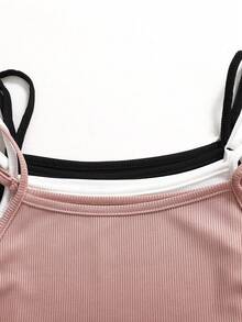 SHEIN 少女纯色罗纹褶皱休闲吊带背心 - 彩色 - 查看 4