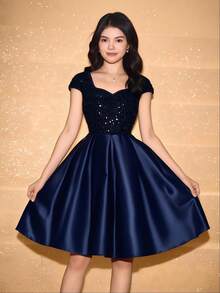 Đầm Halloween/Giáng sinh không tay, đính sequin, phối nhiều mảnh, thắt eo, thanh lịch dành cho tuổi teen. - Màu xanh hải quân - Xem 3