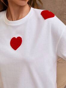 White Cotton T-Shirt With Red Heart Embroidery – Short Sleeve, Cute Minimalist Design - White - View 4