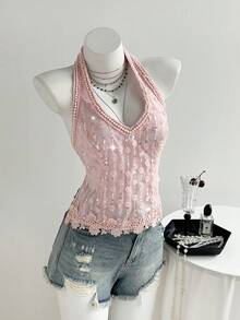 SHEIN Unity Áo tank top ren cổ chữ V buộc dây cổ yếm thêu đính cườm dành cho nữ, thích hợp cho mùa xuân/hè. - Hồng - Xem 5