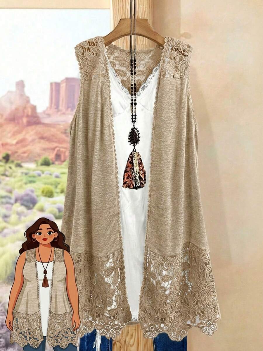 Rusticease Plus Size Women Contrast Lace Open Front Sleeveless Fashion Jacket Summer Summer Spring Spring Women Spring Country Style For Women Country Style For Women Brown Vest-Style Lace Patchwork Coat Boho Cardigan Boho Vest Boho - Apricot - View 1