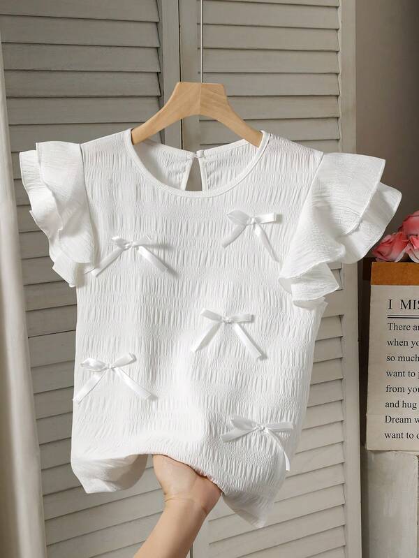 Girls' Casual And Fashionable Bow Tie Decoration Flying Sleeve Round Neck Shirt With Loose, Comfortable, Soft, Practical And Versatile Design Suitable For Autumn, Spring And Summer, Suitable For Daily Wear, Commuting, Outdoor Play, Sports, School, Streetwear, Parties And Photography