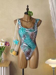 Bellisia 女士豹纹斑马纹连体泳衣，时尚度假之选 - 彩色 - 查看 1