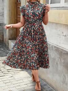 EMERY ROSE 大码女式夏季复古印花立领荷叶袖系带褶皱连衣裙 - 黑色 - 查看 8