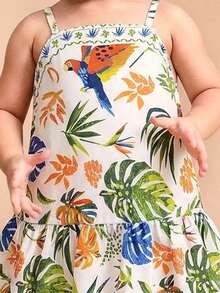 SHEIN Baby Girls Green Plant Print Dress, Cute Outfit - Green - View 4