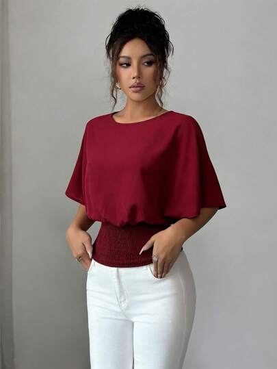 Elenzga Women's Elegant Casual Solid Color Drawstring Waist Fitted Batwing Sleeve Blouse, Suitable For Commuting, Dating, All Seasons Spring/Summer, Work, Formal Occasions, Daily Life, Graduation, Teacher's Day, Back To School, Valentine's Day, Thanksgiving, Red Batwing Sleeve Shirt