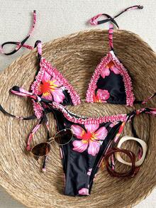 Swim Mod Bộ bikini hai mảnh dành cho nữ, họa tiết kẻ caro, bèo nhún, cổ chữ V, hở lưng, kiểu tam giác, buộc dây, thích hợp cho mùa xuân/hè, bikini hoa, bikini có charm, bikini đi nghỉ mát, bikini Hawaii, bikini tắm nắng. - màu đen - Xem 3