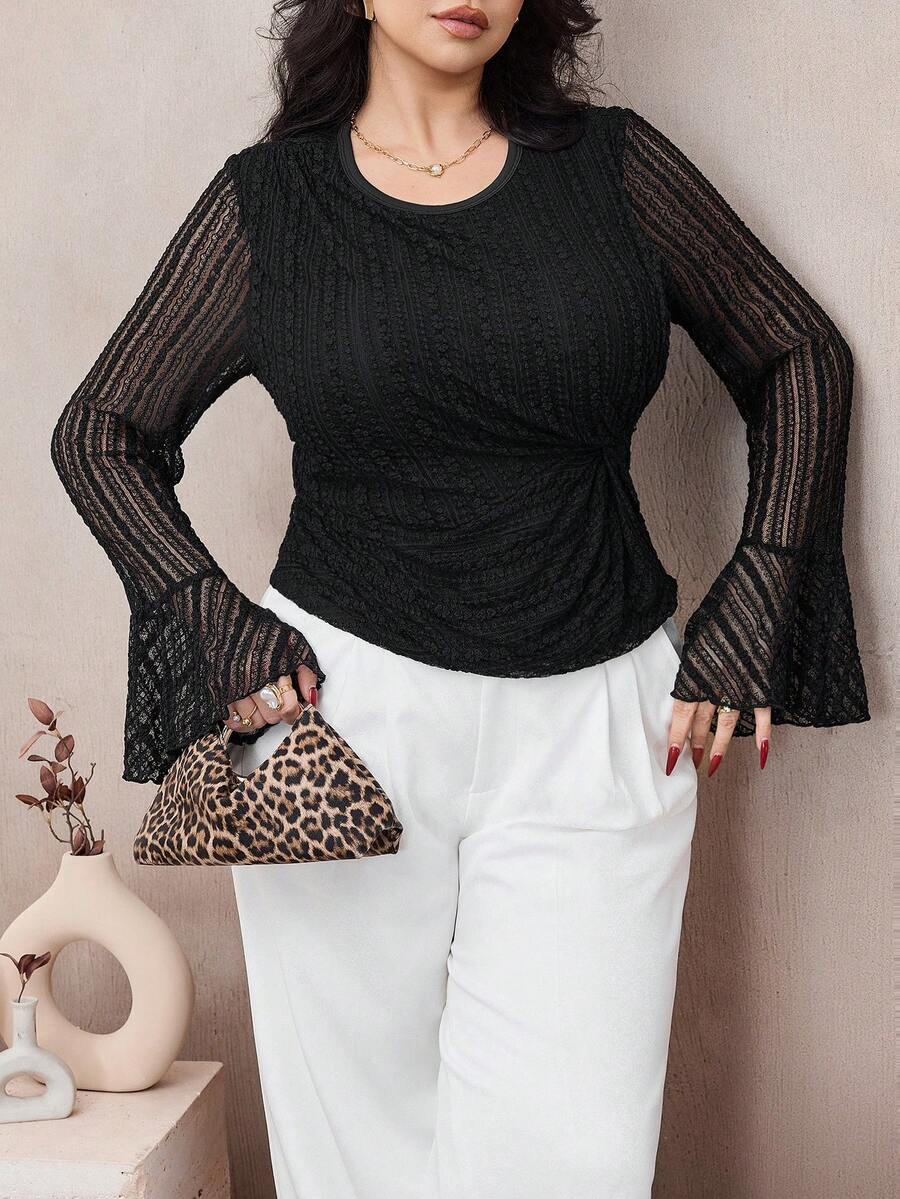 Modelyn Elegantes, lässiges Oversize-Damen-Shirt mit geraffter Vorderseite, plissierter Textur-Strickspitze, Rundhalsausschnitt, für Frühling/Sommer - Schwarz - Übersicht 1