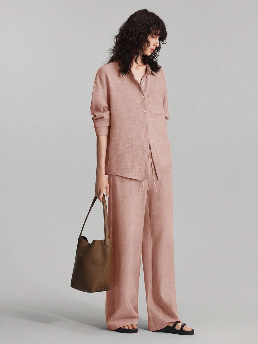 Ontre 2026 Summer Women's 2-Piece Outfit, Daily Casual Home Wear, Beach Vacation Outfit - Long Pants + Long Sleeve Shirt Set, Brunch Outfit, Music Festival Set, Elegant 2-Piece Summer Suit, Party & Business Casual Wear - Pink - View 1