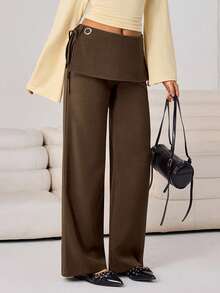 Aidyla 女士街头时尚休闲通勤侧打结二合一阔腿裤 - 咖啡棕 - 查看 6
