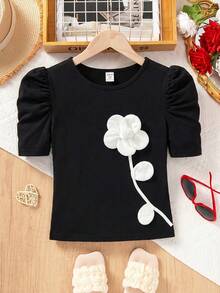 SHEIN Tween Girls' Casual Solid Color Round Neck Short Sleeve Beaded Top - Black and White - View 1