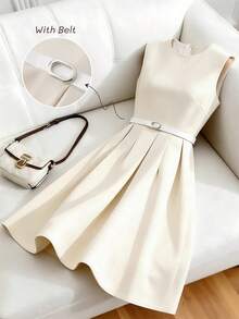 GlowEve 女士纯色腰部收褶A字迷你裙，优雅百搭，适合日常、度假、复古法式风、通勤、时尚场合，也适合情人节、约会、街头穿搭，杏色/米色，春夏新款 - 杏色 - 查看 1