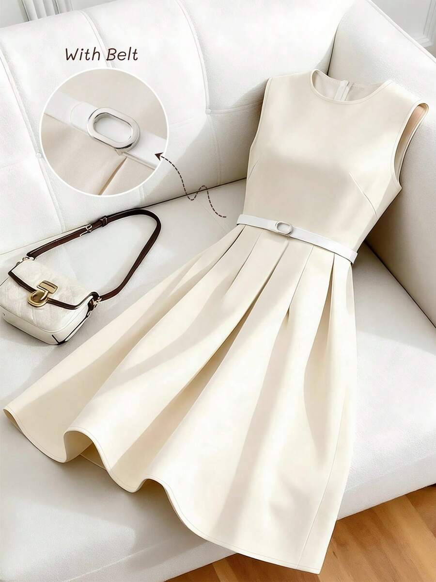 GlowEve 女士纯色腰部收褶A字迷你裙，优雅百搭，适合日常、度假、复古法式风、通勤、时尚场合，也适合情人节、约会、街头穿搭，杏色/米色，春夏新款 - 杏色 - 查看 1