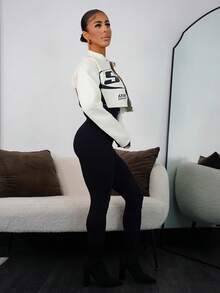 SAYEHFBABY Autumn And Winter Casual Street Motorcycle Style Round Neck Long-Sleeved Off-Shoulder Ultra-Cut Black And Red PU Women's Jacket - White - View 5