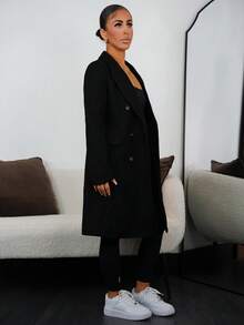 SAYEHFBABY 女式双排扣纯色大衣 - 黑色 - 查看 4