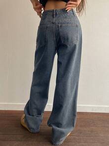 DAZY Loose Long Vintage Washed Blue Wide Leg Jeans For Women - Blue - View 2