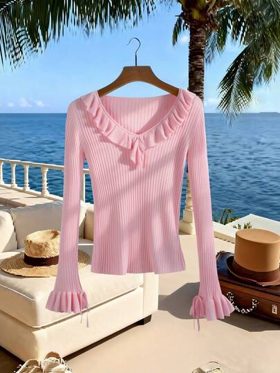 Franclia Women's Solid Color V-Neck Ruffle Ribbed Knit Long Sleeve Sweater