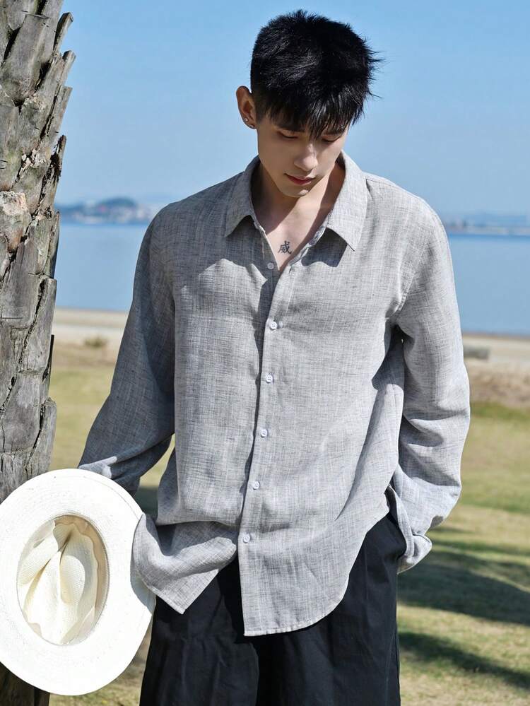 Men's Embroidered Shirt, Grey, Spring/Summer Long Sleeve Tops Women