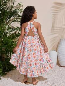 Young Girl Elegant Minimalist Halter Floral Print Sleeveless Dress - Baby Pink - View 7