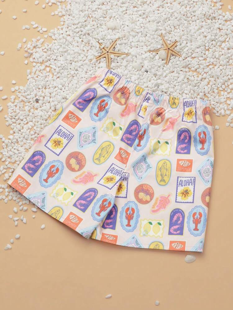 Beach Stamp Print Swim Shorts With Tropical Motifs