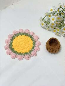 Joivida 1个手工钩织郁金香花束杯垫，带花篮隔热垫，独特创意桌面摆件，节日礼物，棉线防滑吸水，可爱花卉家居装饰，非常适合厨房、餐厅、办公桌、乔迁、生日礼物 - 彩色 - 查看 10