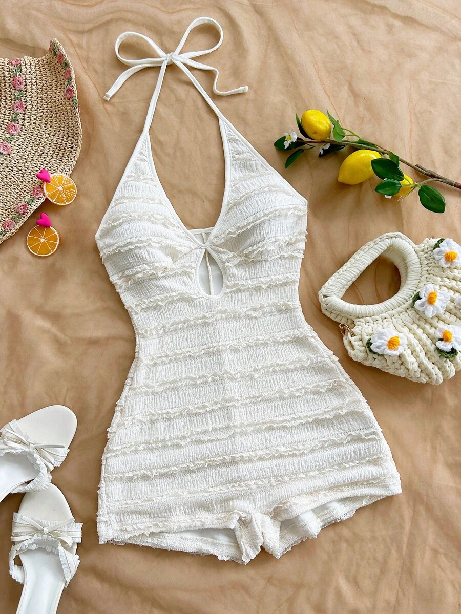Soleia White Summer Boho Beach Vacation Holiday Holiday Multicolor Knitted Striped Halter Backless Mini Jumpsuit For Halloween,New Year,Carnival,Party,Date - Apricot - View 1