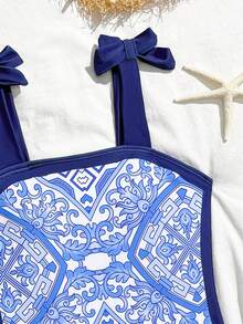 Retro Print Tween Girls One-Piece Swimsuit - Blue and White - View 6