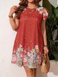 SHEIN LUNE 大码休闲假日花卉蝴蝶印花镂空领连衣裙 情人节 - 紅色 - 查看 1