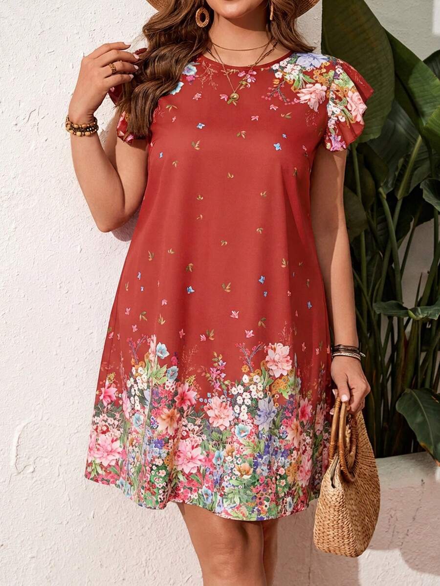 SHEIN LUNE 大码休闲假日花卉蝴蝶印花镂空领连衣裙 情人节 - 紅色 - 查看 1