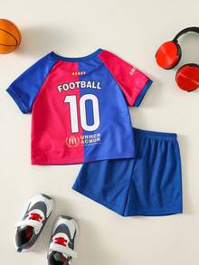 SHEIN 2pcs/Set Baby Boy Casual Sports Knit Letter & Graphic Print Short Sleeve Loose T-Shirt And Shorts Set, Sportswear - Multicolor - View 2