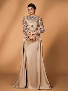 Serin 大码奢华香槟色薄纱长灯笼袖连衣裙，饰有串珠、亮片和褶皱缎面鱼尾裙摆，适合婚礼、派对、度假、舞会、新娘母亲正式礼服（装饰繁复） - 香檳色 - 查看 2