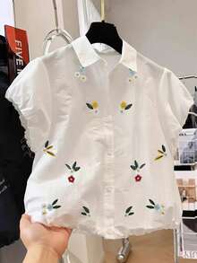 Resyla Women's Casual Floral Embroidered Shirt, Summer - White - View 1