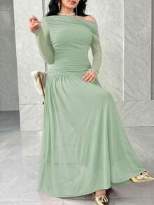 Feyla Vestido elegante de manga larga con hombro asimétrico y fruncido en unicolor para mujer - Verde Gris - Ver 6