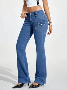 Jeanoix Women's Casual Versatile Flare Jeans With Pockets - Blue - View 5