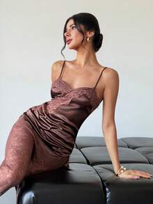 Firerie Elegant Romantic Urban Chic Bohemian Festival Party Music Festival Valentine's Day Date Sexy Lace Sheer Patchwork Asymmetric Hem Side Slit Backless Camisole Top And High Waist Lace Sheer Wide Leg Pants Brown 2 Piece Set - Brown - View 9