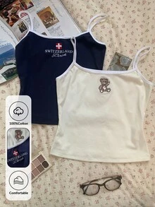 Comfortcana 两件套加大码女式93%棉白色和蓝色刺绣吊带背心，时尚夏季单品，适合海滩穿着，夏威夷风情，可爱夏日上衣 - 彩色 - 查看 9