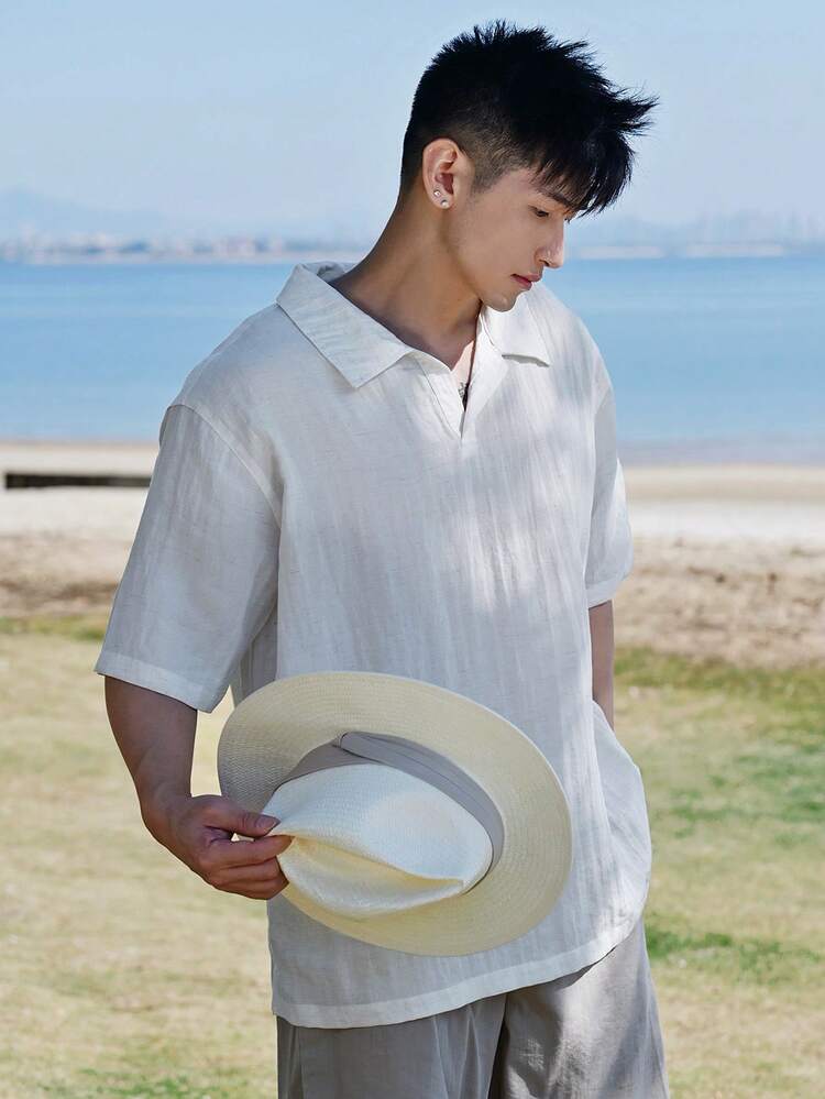 Men's Casual Versatile White Short Sleeve Shirt, Summer