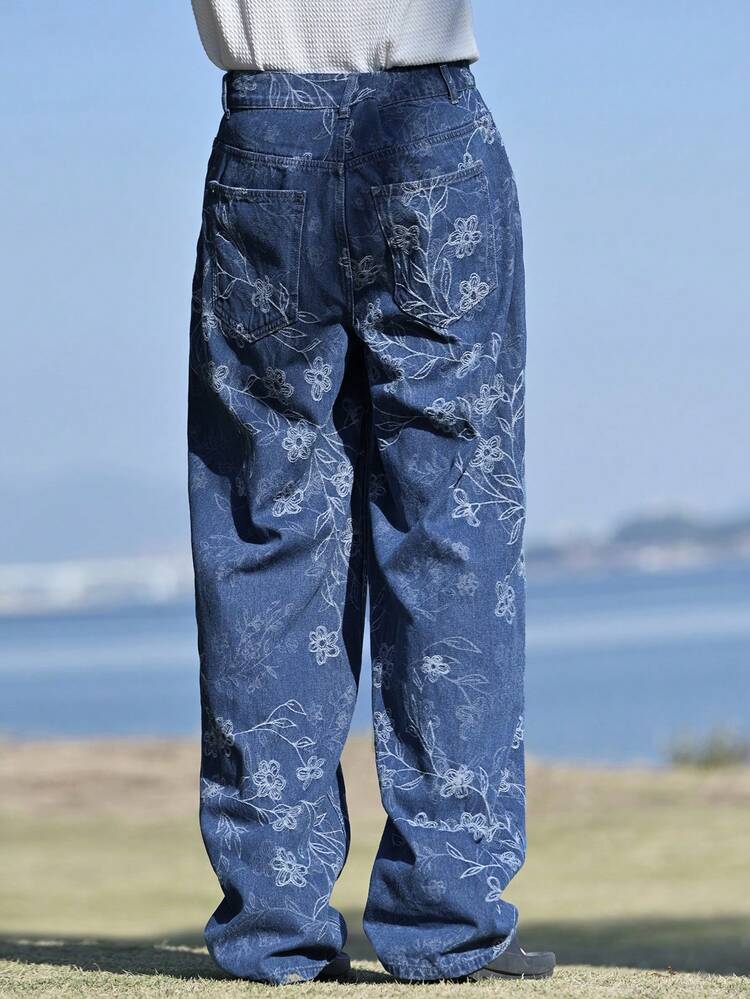 Autumn Textured Fabric Distressed Blue Men's Jeans
