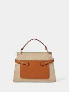 SHECARRY 女士休闲仿布图案拼接手提包，适合通勤、购物和度假。 - 鏽棕色 - 查看 7