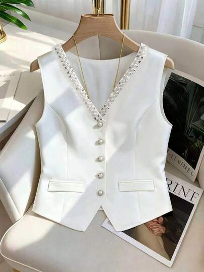 Franclia Pearl Trimmed Sleeveless Vest Single Row Pearl Button Elegant Fitted Vest Versatile Commuter & Casual Wear Top