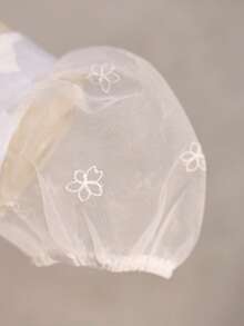 少女优雅可爱夏季网纱刺绣图案短袖连衣裙 - 白色 - 查看 3