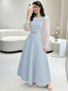 Robe capuchon élégante et luxueuse pour adolescente, printemps/été, avec ceinture ornée de strass, ourlet à volants. Convient pour les mariages, les fêtes, les vacances. Robe bicolore bleu et blanc - Bleu azur - Voir 7